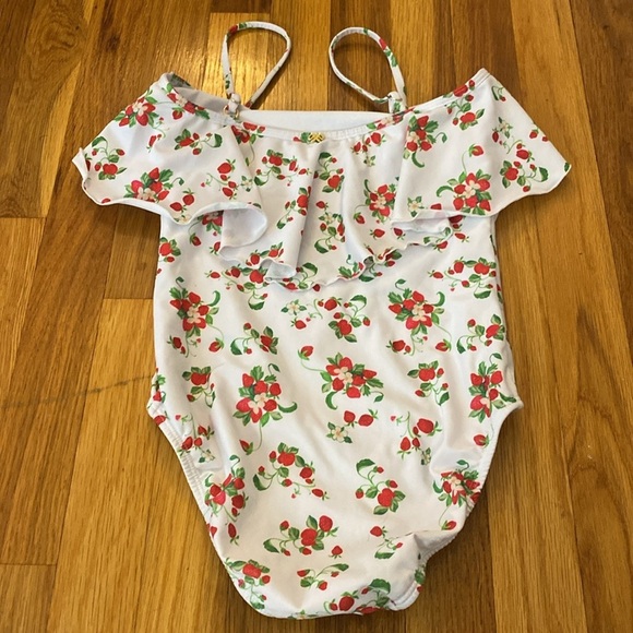 PQ Swim Girls White Ruffled One Piece Swimsuit With Strawberry Print Size 12 - Picture 4 of 7